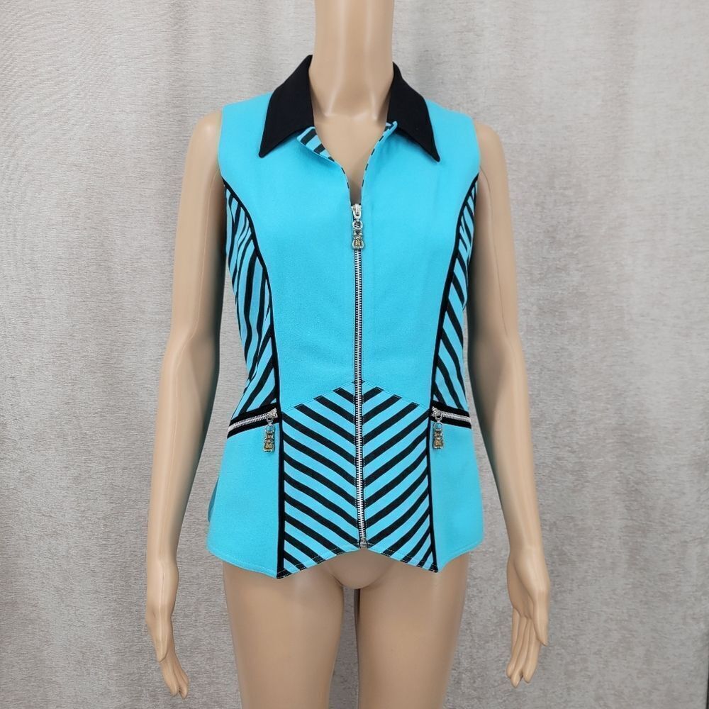 Alberto Makali Vintage Teal and Black Striped Zipper Sleeveless Blouse Vest